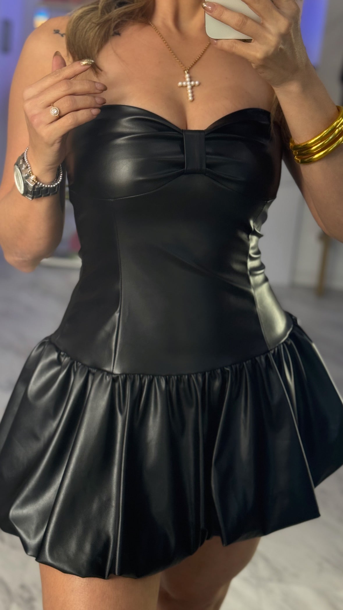 Leather Mini Bubble Dress
