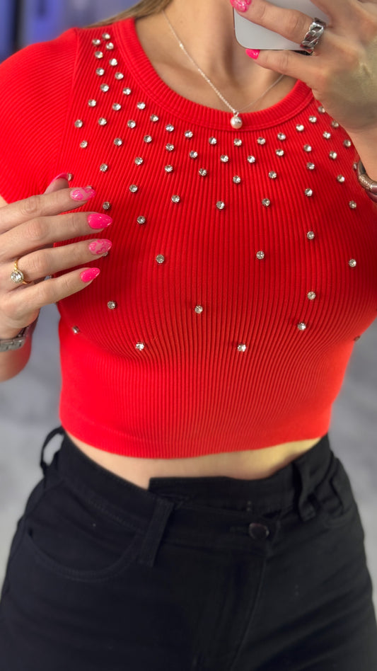 Red Rhinestone Crop Top